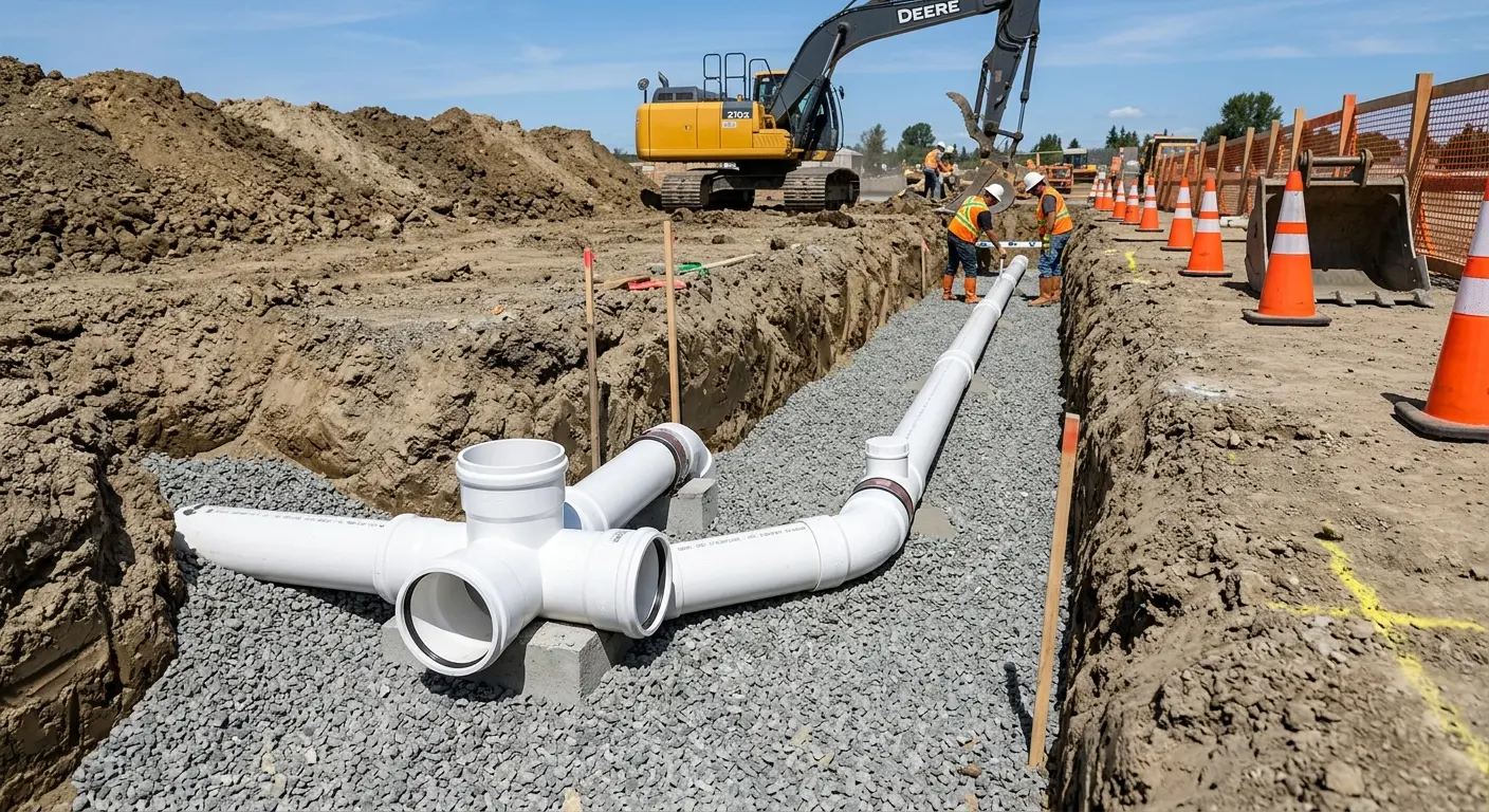 New PVC sewer pipe installation in open trench for Sewer Backup in Claiborne