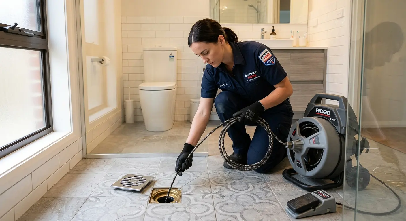 Technician clearing a bathroom floor drain for Drain Repair in Claiborne